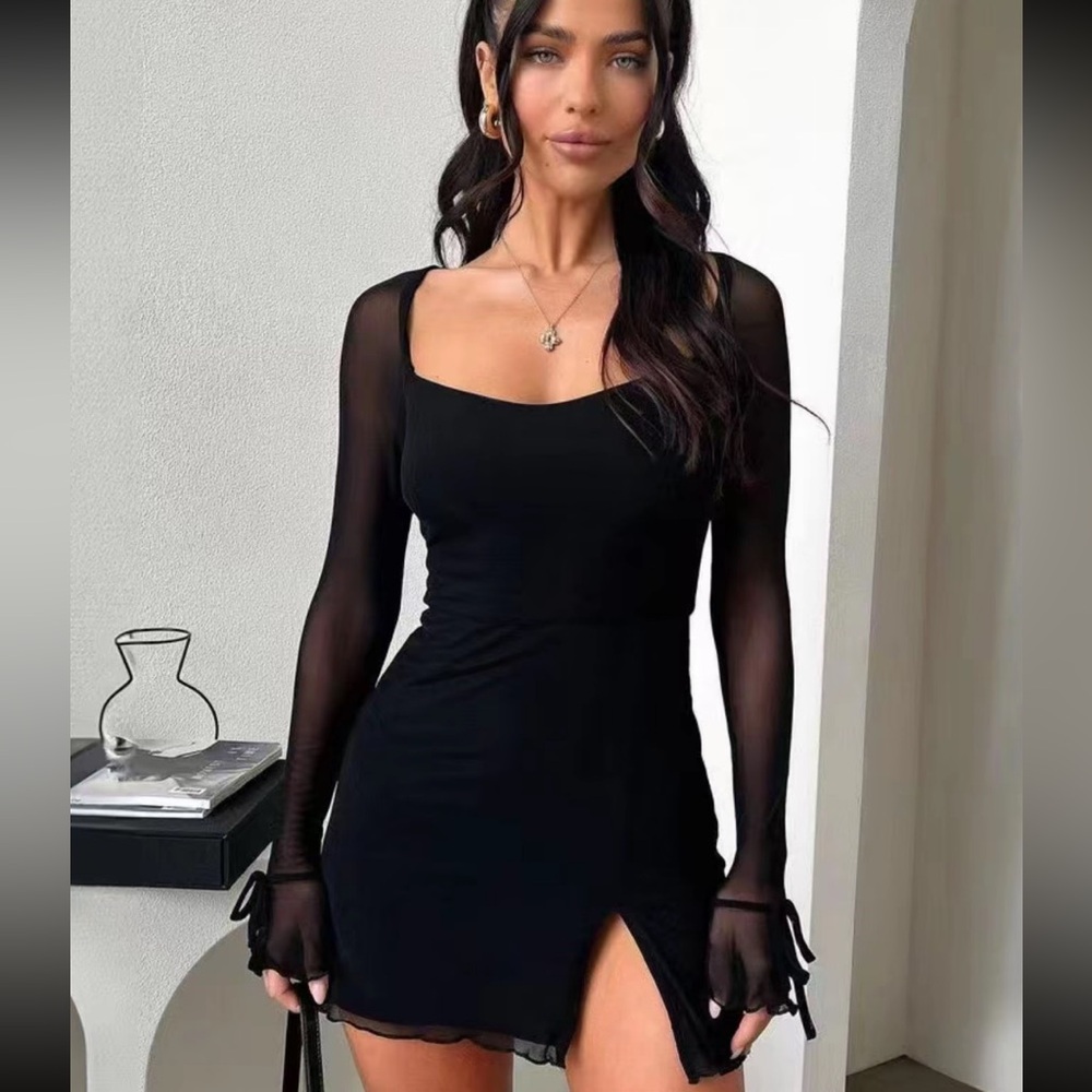 New Black Square-Neck Long-Sleeve Mesh Mini Dress